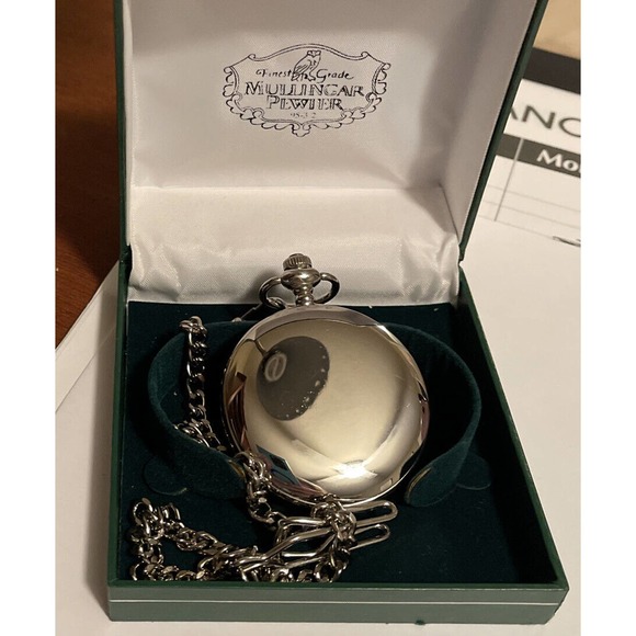 MULLINGAR PEWTER IRELAND Themed Round Quartz Pewter Pocket Watch Japan W/Case - Picture 3 of 4